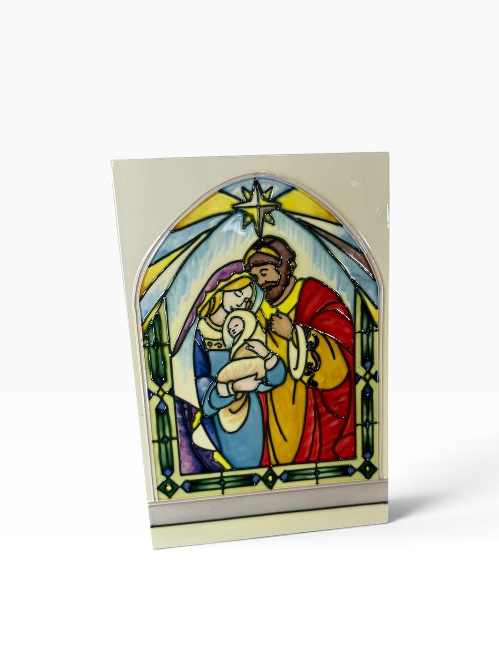 Faux Stained Glass Nativity Scene Tabletop Decor Plaque w/ Velvet Stand